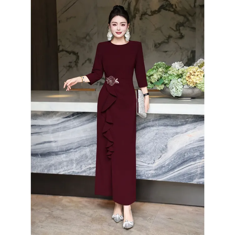 欧美法式2025秋冬高档设计感婚礼宴会喜妈妈喜婆婆优雅连衣裙礼服