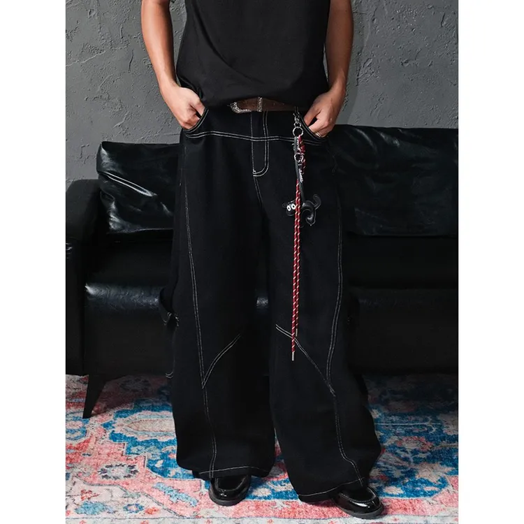 EOC美式复古解构设计自带腰饰裤链弯刀牛仔裤男女vibe工装阔腿裤