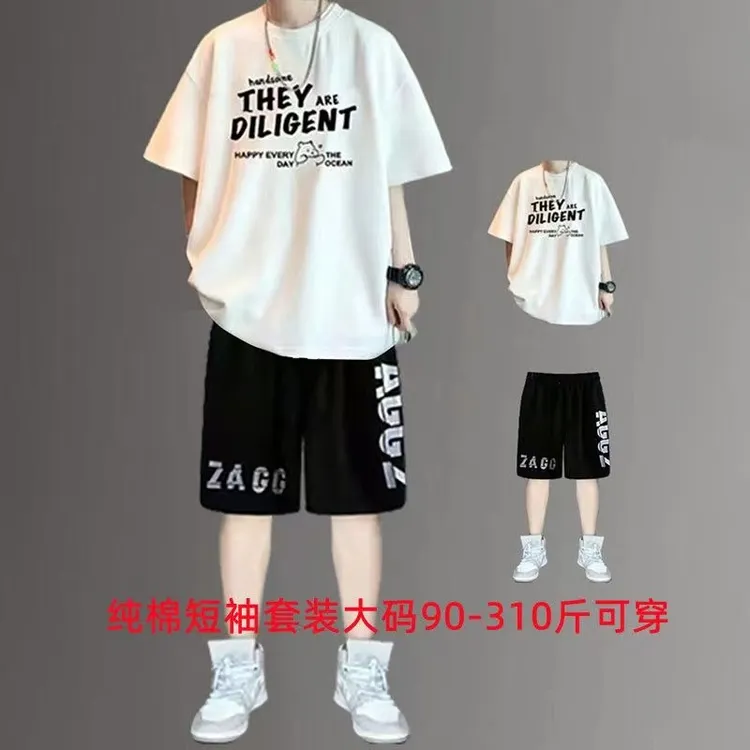 新款时尚套装男纯棉大码男士夏装一整套青少年潮流痞帅短袖短裤