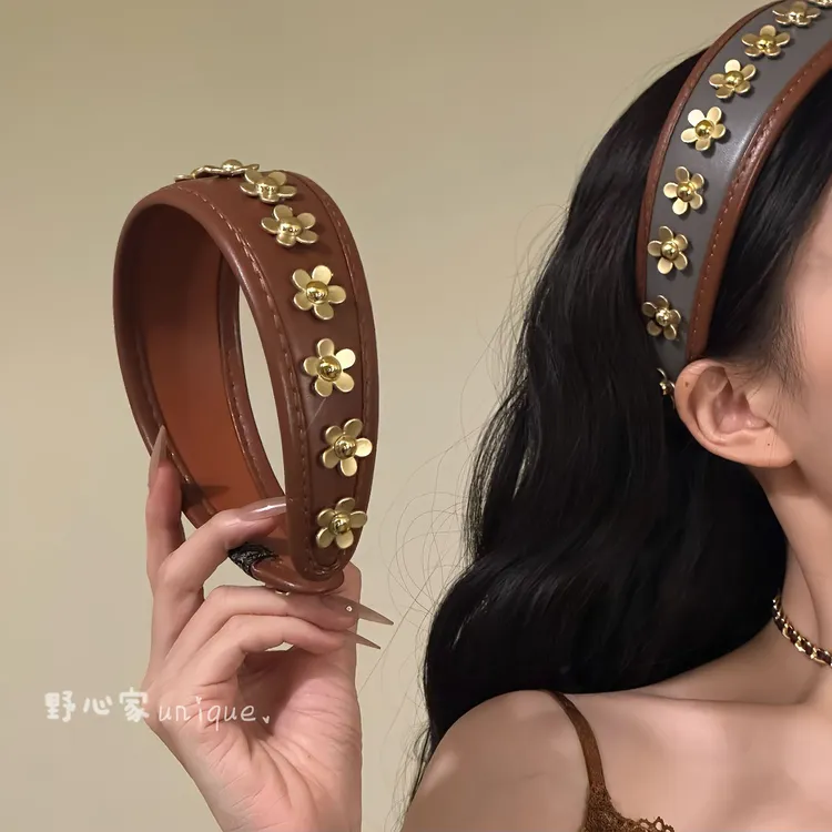 【暖调画报】复古咖色花朵宽边发箍气质百搭高颅顶外出头箍发饰女
