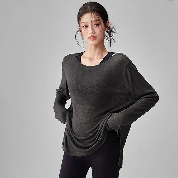 天丝雪花网纱宽松瑜伽服上衣女秋季运动长袖健身罩衫速干遮肉专业