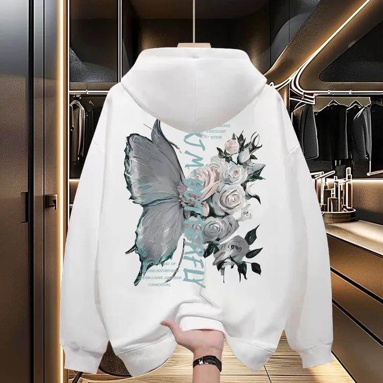 XJM蝴蝶花喜居麦秋冬新款帽衫潮牌百搭休闲宽松潮流连帽卫衣