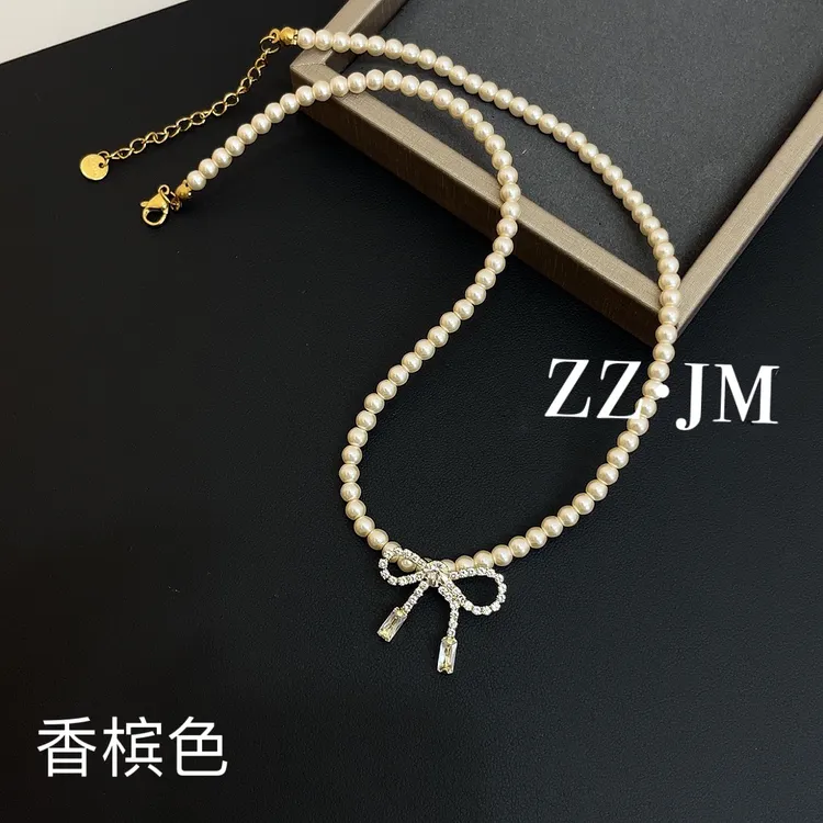 钛钢仿珍珠项链 （优雅蝴蝶结小米珠）4mm香槟色项链精致简约法式