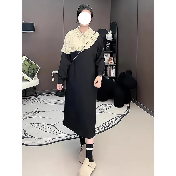 法式休闲风早秋流行穿搭黑白拼接连衣裙女秋季设计感宽松遮肉长裙