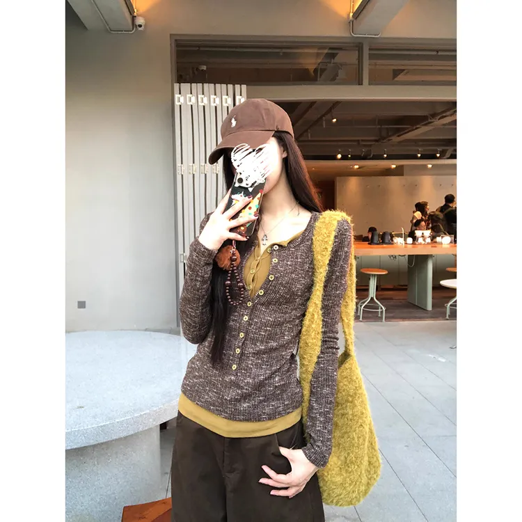 内搭打底衫女2025新款秋冬针织长袖t恤修身假两件上衣 61236