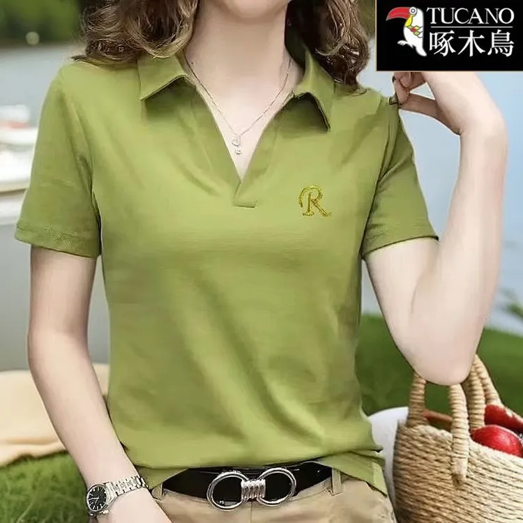啄木鸟翻领短袖刺绣t恤2025年夏季新款韩版打底衫修身纯色上衣女