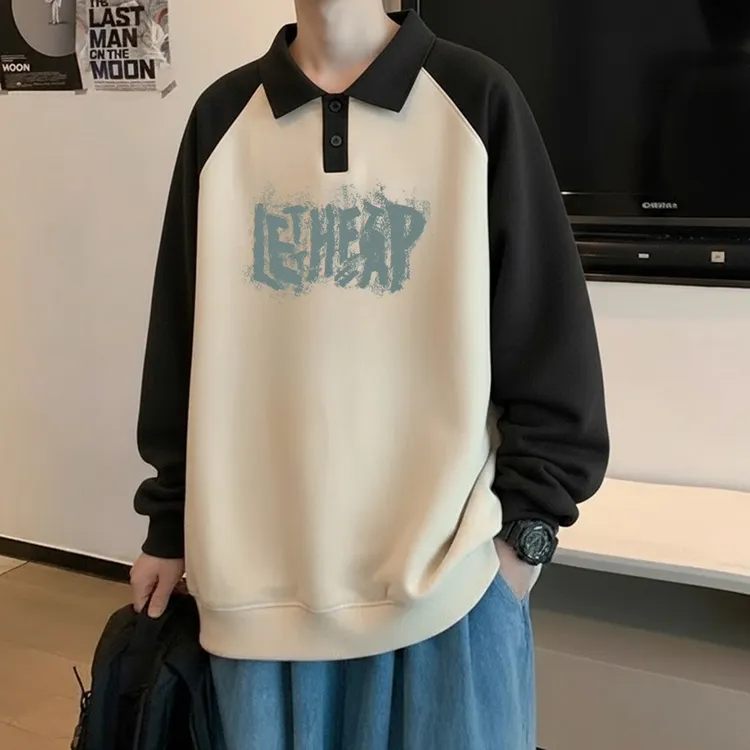 潮牌美式polo衫拼接翻领卫衣男生秋季新款宽松版长袖大码休闲上衣