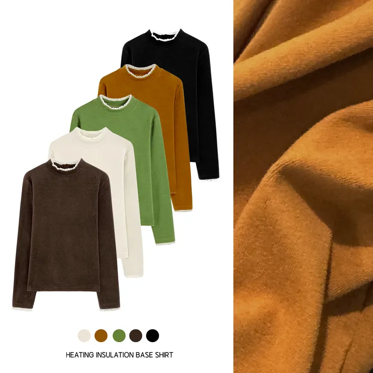 速暖打底”内在美～秋冬加厚双面澳绒半高领花边百搭打底衫女士修身