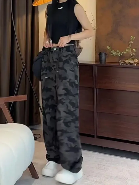 早秋新款大码女装高腰街头风迷彩牛仔裤梨形身材宽松抽绳阔腿裤
