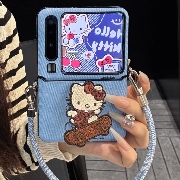 适用华为purax折叠屏手机壳牛仔纹pocket2滑板kt猫折叠支架手绳女