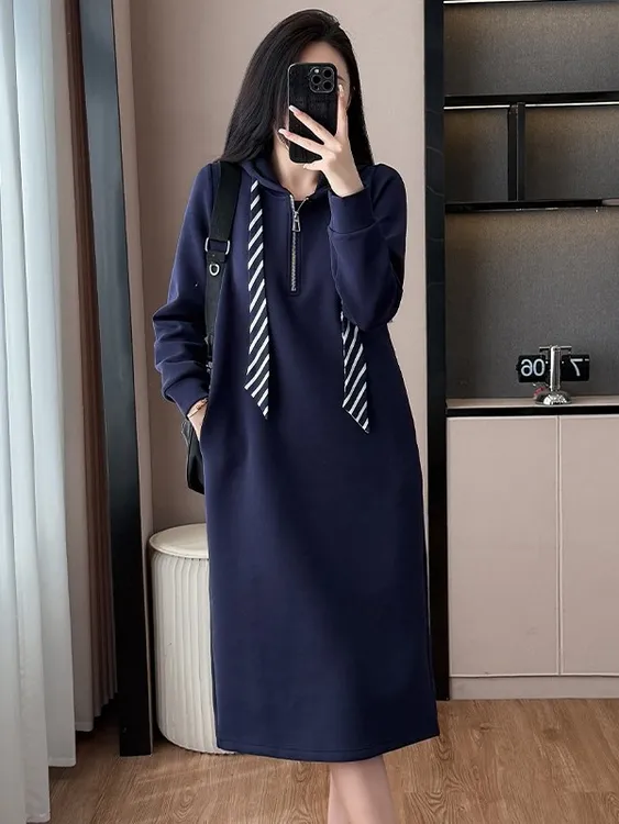 大码韩系洋气宽松遮肉连帽卫衣裙胖mm秋冬休闲百搭减龄显瘦连衣裙