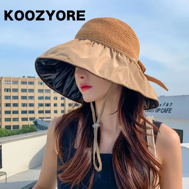 夏季黑胶蝴蝶结遮阳帽女镂空草帽防紫外线大檐遮脸防晒太阳渔夫帽