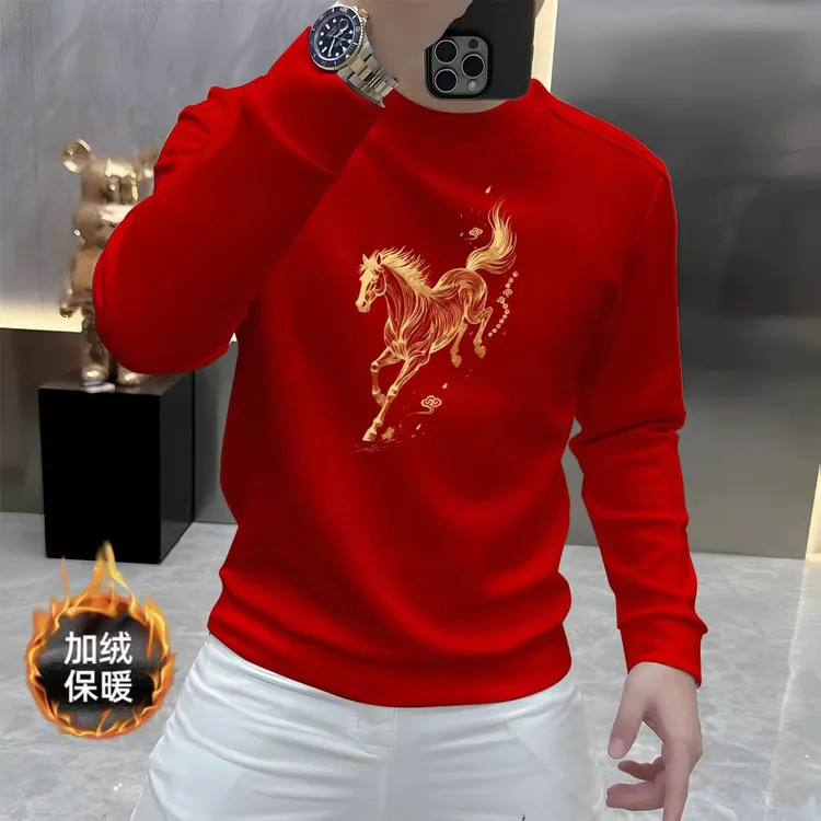 中国风红色华棉卫衣男士潮流个性骏马印花圆领长袖上衣加绒打底衫