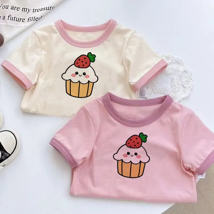 夏季新款卡通洋气可爱女童宝宝可爱撞色拼接短袖T恤半袖纯棉上衣