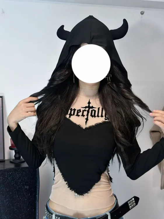 美式辣妹风女恶魔角连帽开衫巨好看的两件套早秋新款拼色背心