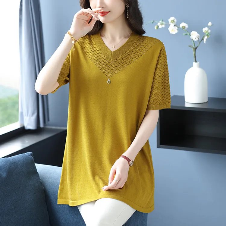 中长款遮屁股短袖t恤2025新款中年妈妈夏装小衫大码遮肚子V领上衣