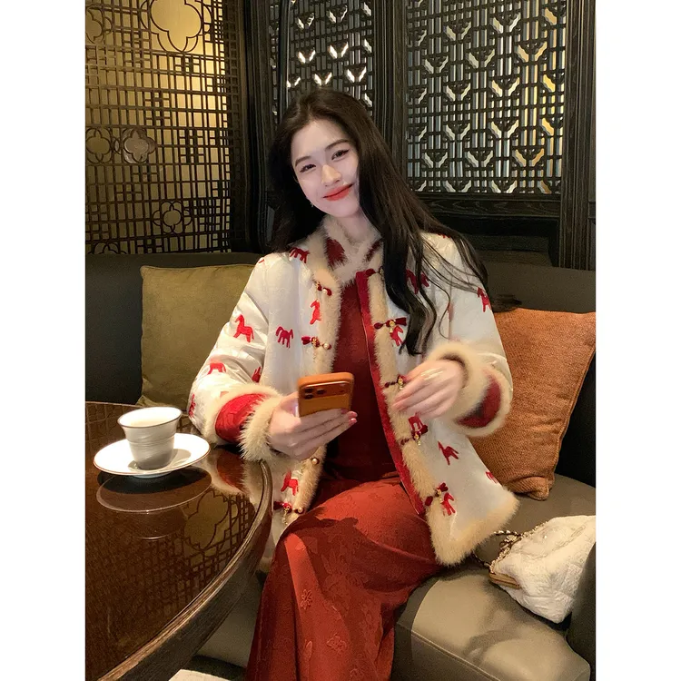 凌茜恣禾【福马添金】新中式水貂毛保暖小马棉服女冬季复古加厚外套