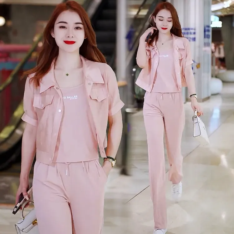 时尚休闲套装女2025夏季新款洋气减龄短袖运动服吊带阔腿裤三件套
