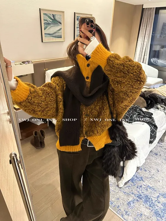 法式复古撞色高领开衫毛衣外套女秋冬季废土风慵懒宽松软糯针织衫