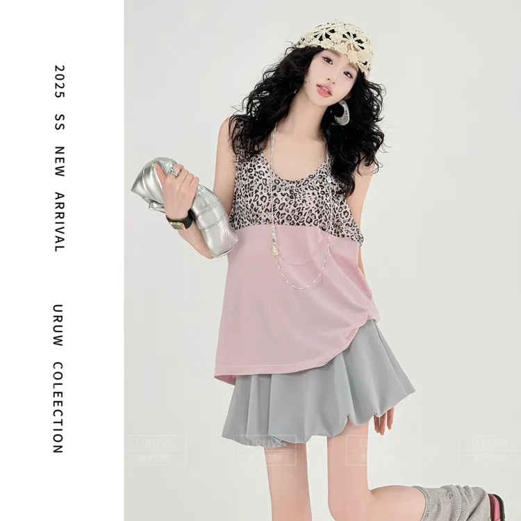 颖子定制【粉色豹纹】设计感豹纹拼接背心夏季休闲宽松百搭背心9516