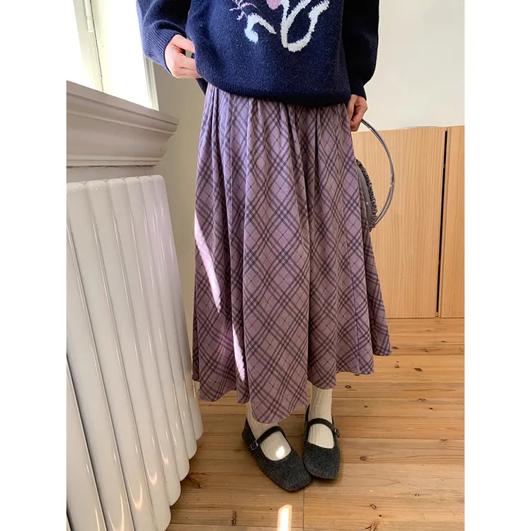 慵懒风摩咖色格纹半身裙女秋季新款牙签褶设计感层次大摆a字长裙