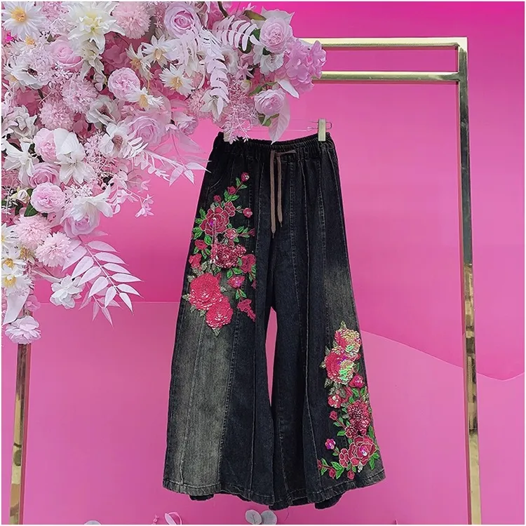 A3154欧美设计师2025秋季新款重工刺绣亮片花阔腿做旧休闲牛仔裤