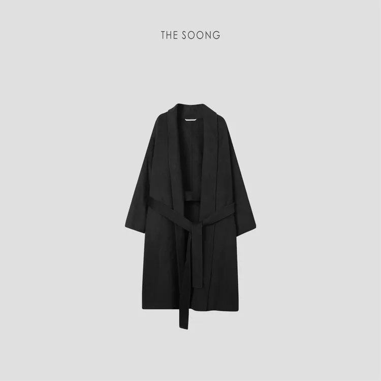 THESOONG|新品高级感显瘦长款羊绒羊毛青果连领黑色大衣外套Y8078