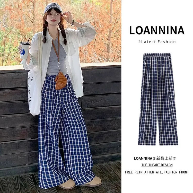 藏蓝色格子裤女2025春夏新款松弛感小个子慵懒风宽松直筒阔腿裤