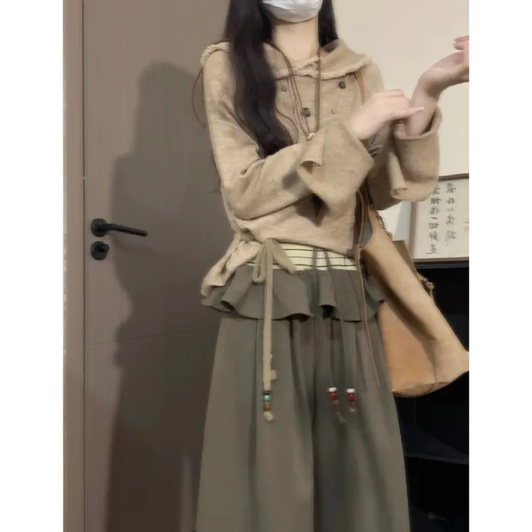 日系毛边翻领长袖针织衫女秋季宽松卫衣上衣休闲裤阔腿垂感弯刀裤