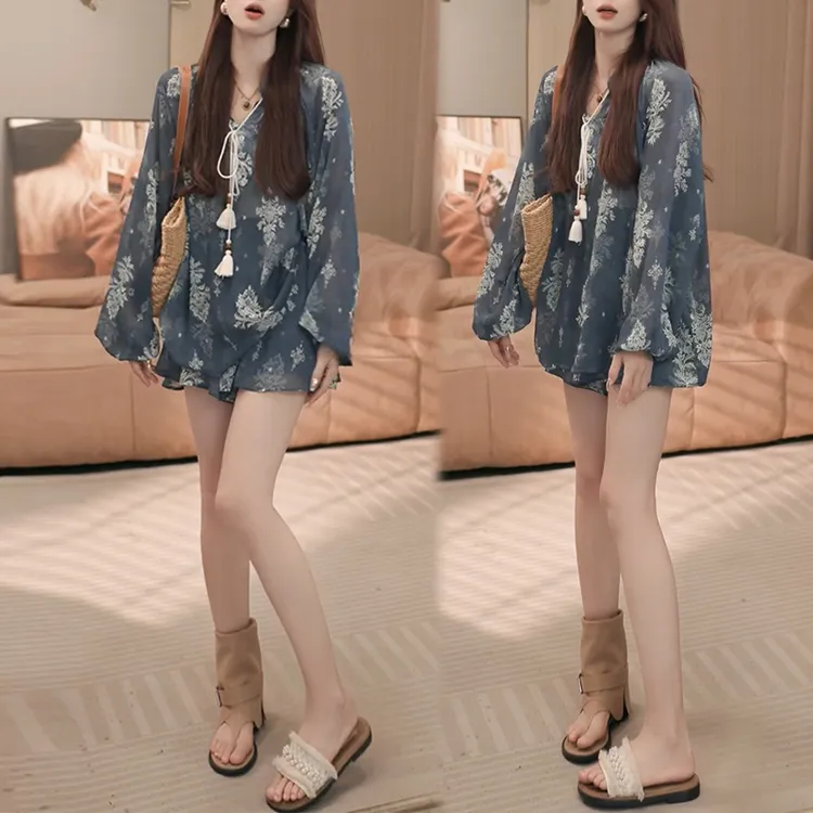 法式复古碎花夏季女连衣裙新中式长袖衬衫短裤两件套显瘦古风