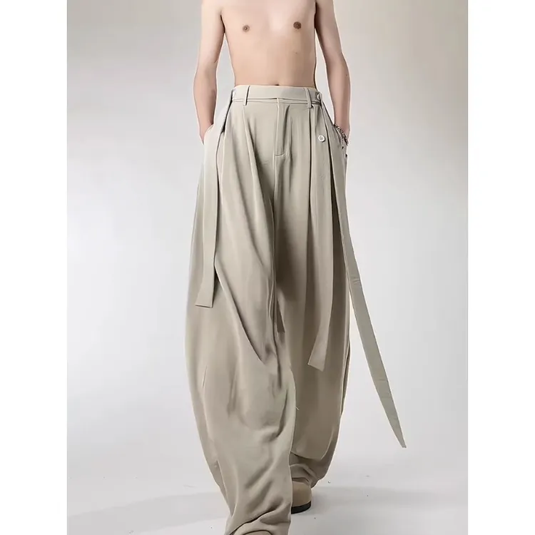 米白色冰丝速干裤男夏季cleanfit垂感宽松阔腿裤设计感飘带休闲裤