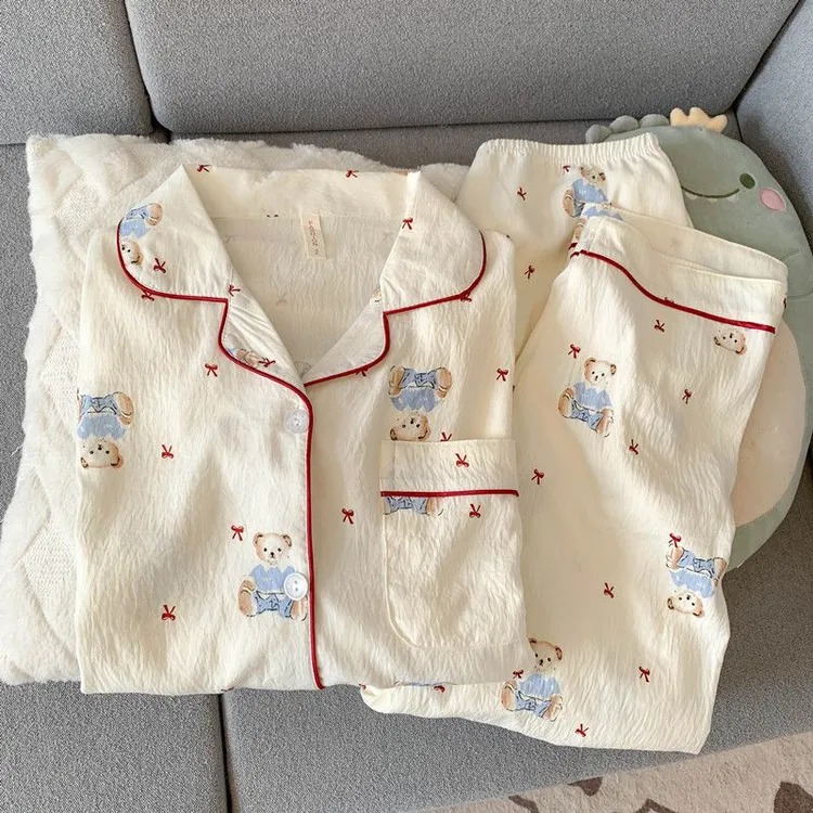 云朵棉蝴蝶结小熊睡衣女款春秋季长袖长裤卡通可爱学生家居服套装