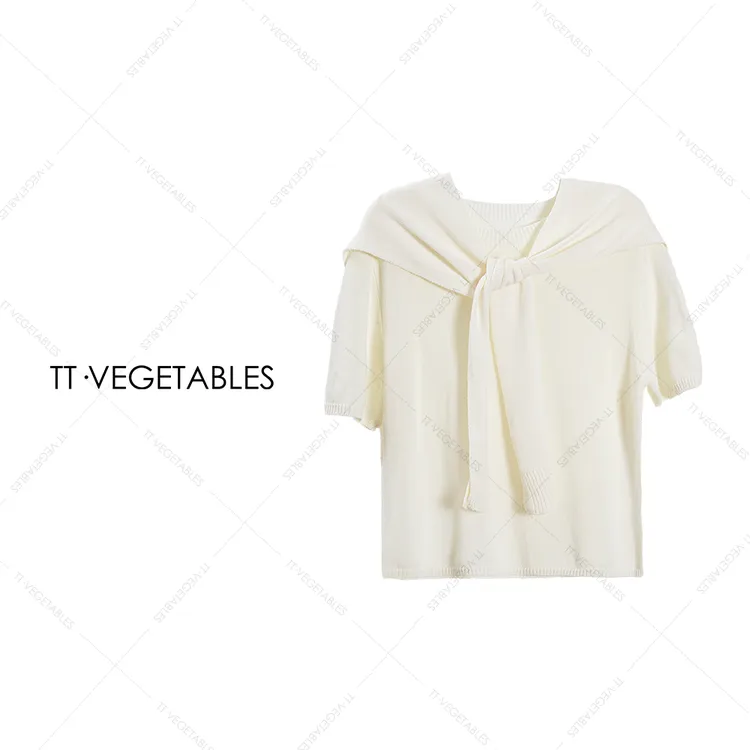 TT・VEGETABLES【序白】梅雨 亚麻天丝混纺针织T恤披肩两件套512211