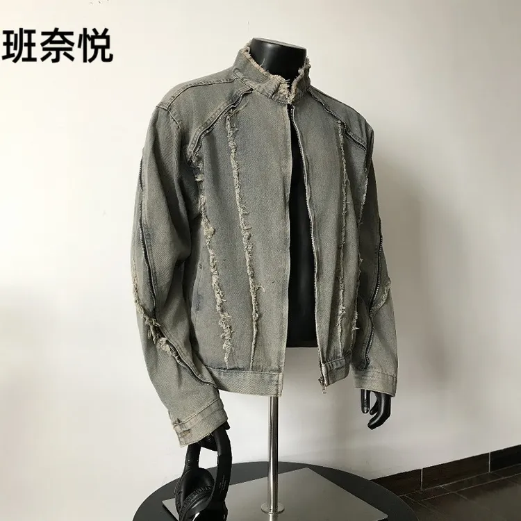 2025年美式复古解构毛边牛仔外套男春秋季街头水洗短款立领夹克潮