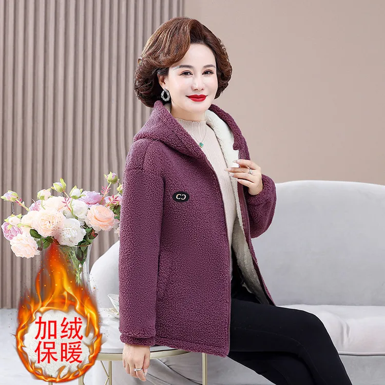 中年妈妈冬装颗粒绒外套中老年女装加绒超厚保暖棉衣洋气连帽棉袄