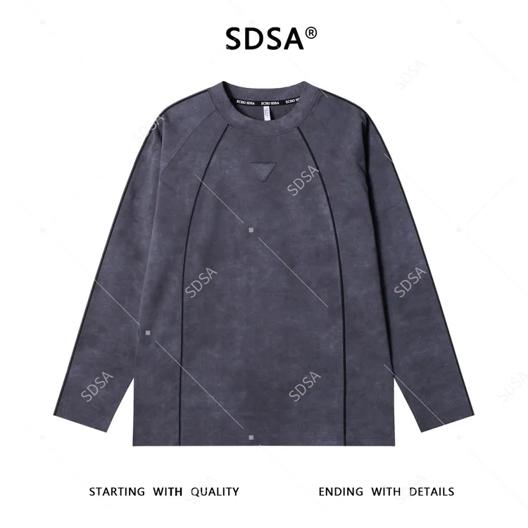 SDSA男士秋冬新款痞帅男装潮牌撞色拉条倒三角圆领长袖T恤网红款