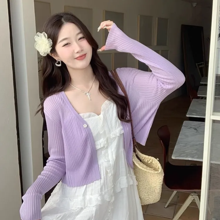 多色洋气针织薄款开衫女秋季新款长袖罩衫吊带裙外搭百搭纯色上衣