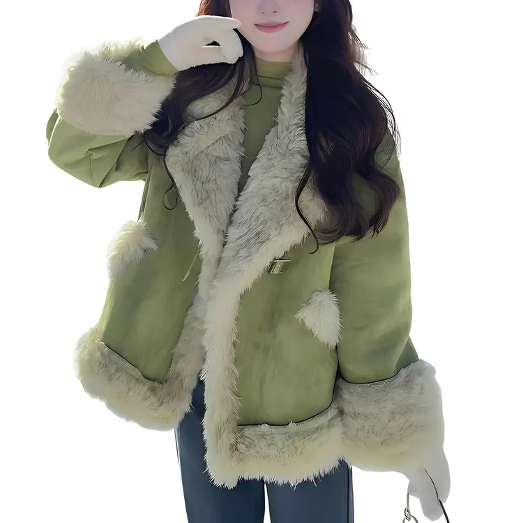 大翻领加厚加绒毛毛外套女2025冬季新款果绿色皮毛一体毛绒上衣