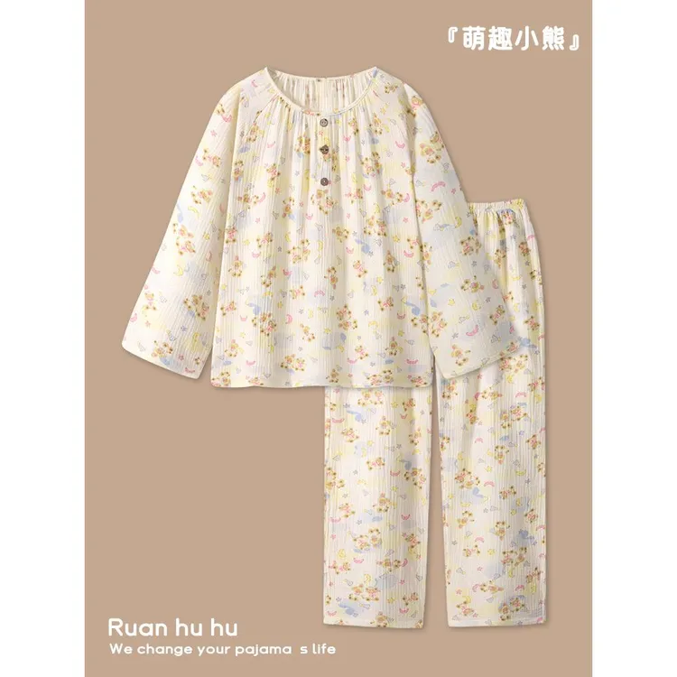 日系小熊无领套头睡衣女款春秋季长袖长裤套装双层纯棉纱布家居服