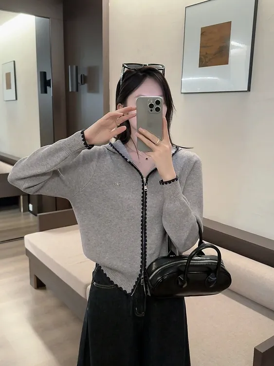 连帽拉链撞色针织开衫女秋冬韩范设计感宽松显瘦软糯百搭上衣P58
