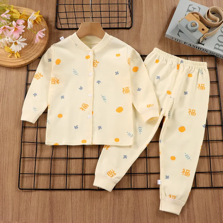 儿童纯棉开衫套装秋衣秋裤对开睡衣睡裤单排扣家居服男女童春秋款