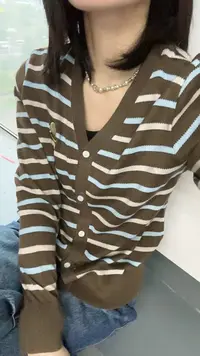 秋冬新款美拉德撞色条纹v领开衫毛衣