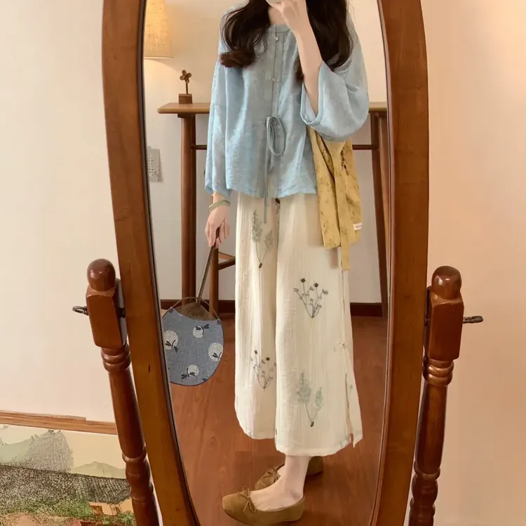 B528+B530夏季新中式松弛感蓝色衬衫上衣搭配休闲裤气质两件套装