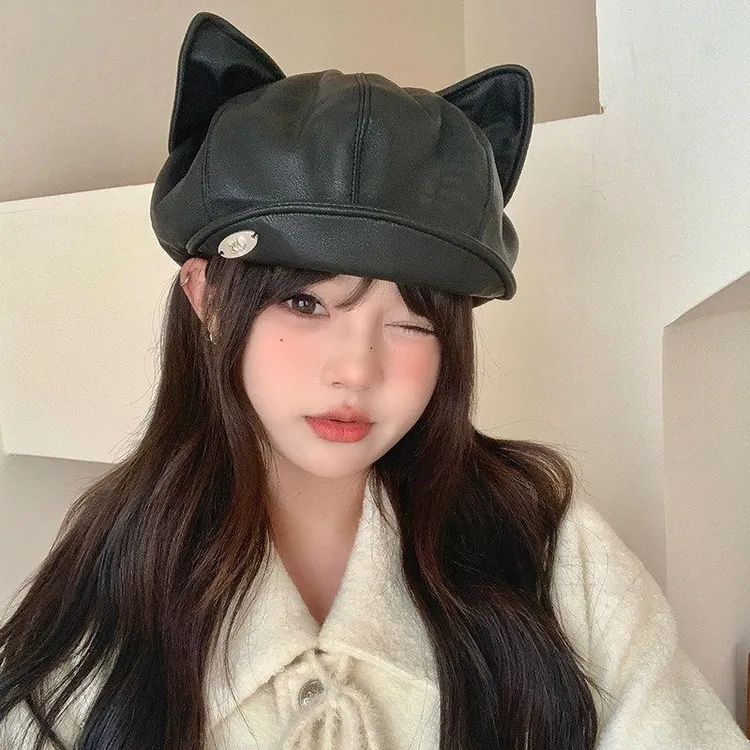 韩系ins卡通可爱猫耳朵贝雷帽女秋冬季甜美百搭显脸小八角帽子