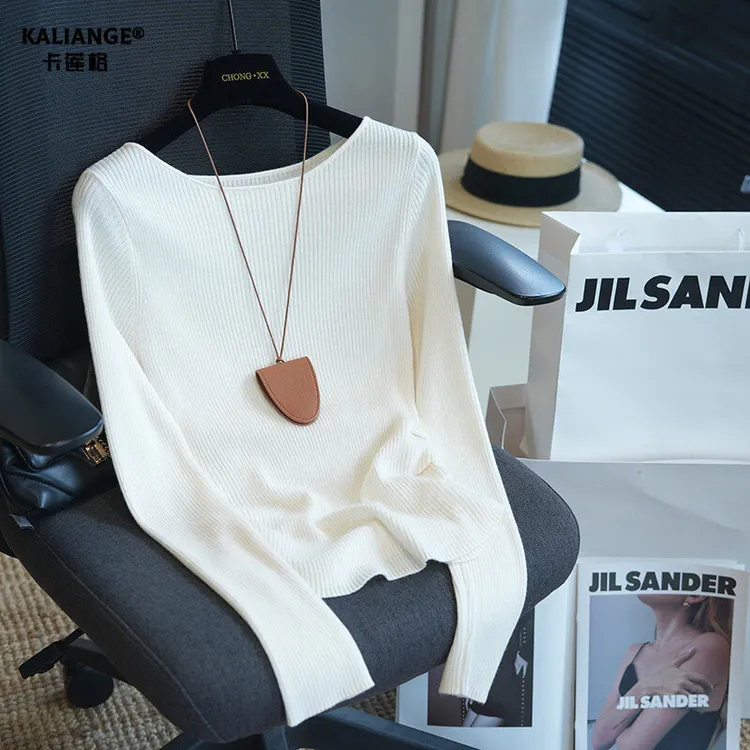 卡莲格/韩系白色长袖针织衫女秋季气质掐腰设计修身显瘦百搭上衣