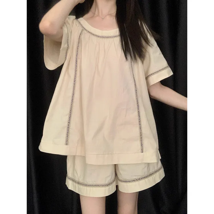 韩系简约气质纯色短袖睡衣女夏季2025新款大码短裤家居服套装外穿
