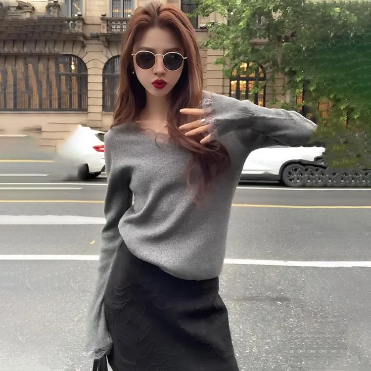 X.ZHE,蕾丝拼接针织衫打底外穿毛衣女新款时尚洋气百搭女装上衣女