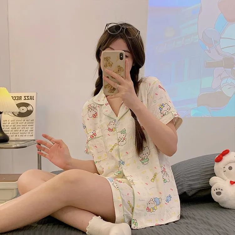 睡衣女夏季2025新款卡通云朵棉韩版凯蒂猫短袖薄款夏天宅家三件套