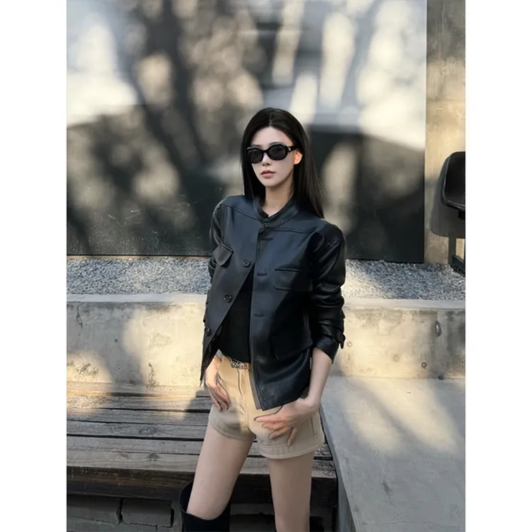 美式酷飒风正肩PU皮衣外套女秋季2025新款高级感修身机车夹克上衣