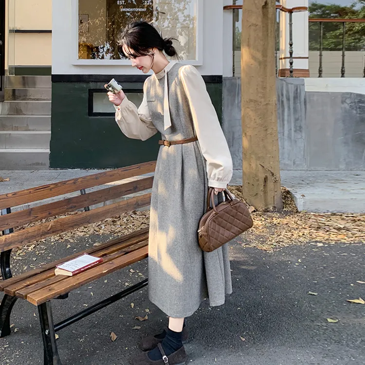 舒芙蕾杏色假两件连衣裙春秋高级感韩系氛围感遮肚子大方得体长裙